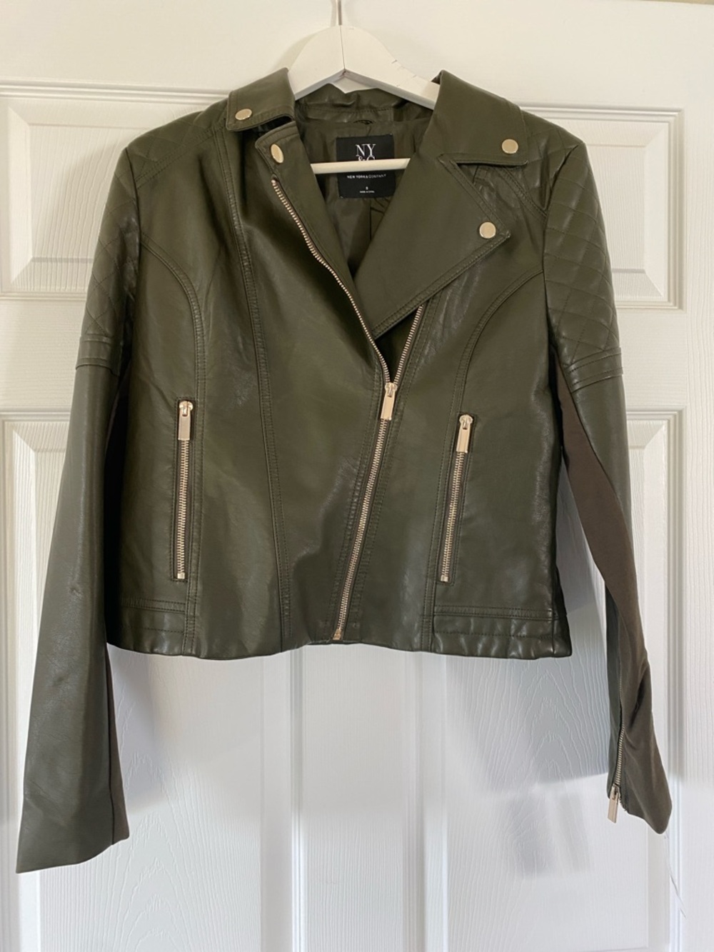 NY Collection Olive Moto Faux Leather Jacket with Gold Hardware
